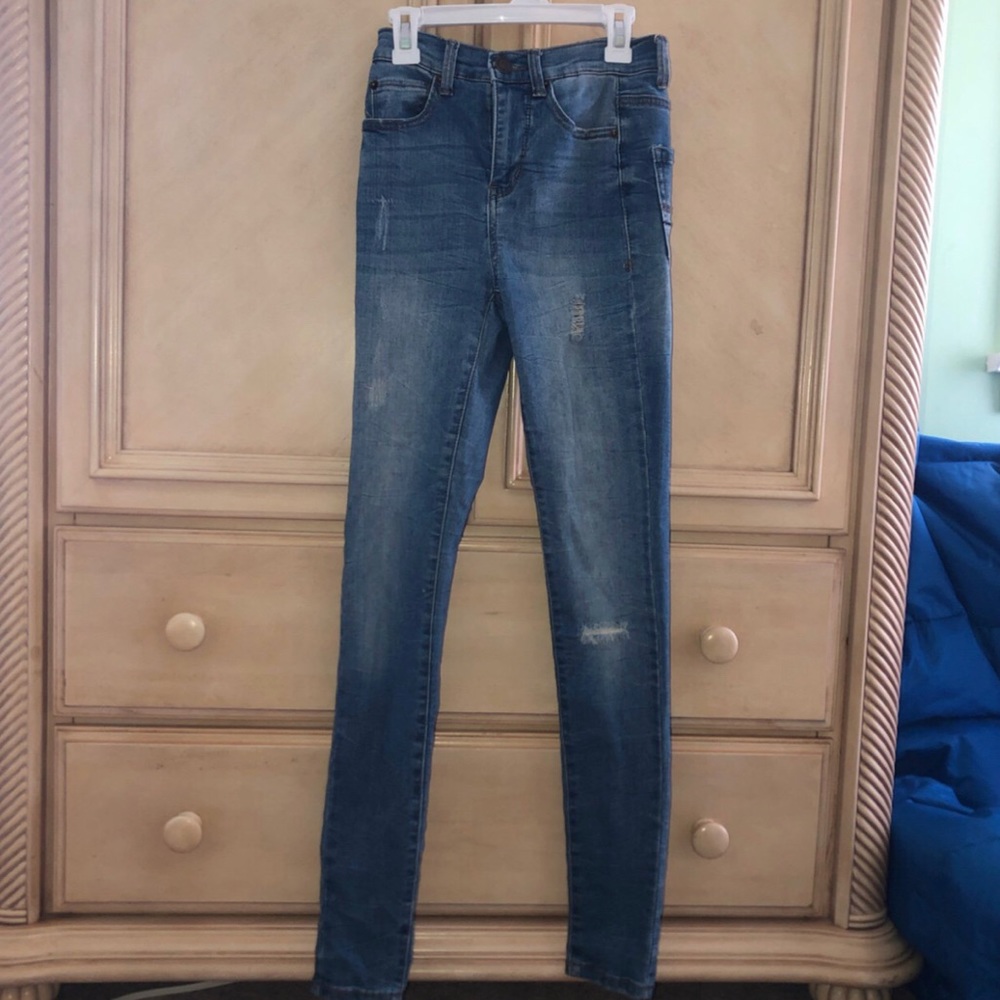Medium to dark wash skinny jeans